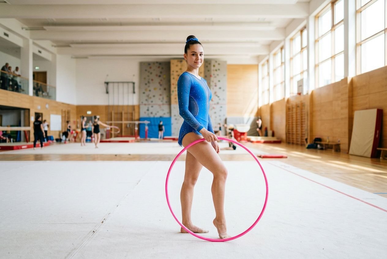 Jeune gymnaste en justaucorps bleu, tenant un cerceau de gymnastique rythmique rose en position debout dans une salle d'entraînement.