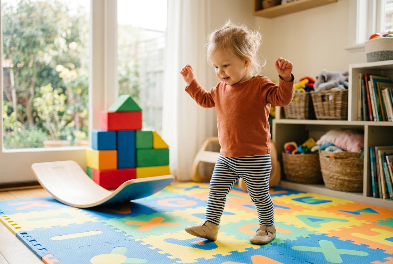 Jonge peuter die vrolijk op een speelkuntje danst in een speellamp, met kleurige blokken en een schuifrek op een speelmat. Bewegungontwikkeling kinderen leeftijd, baby tot kleuter.