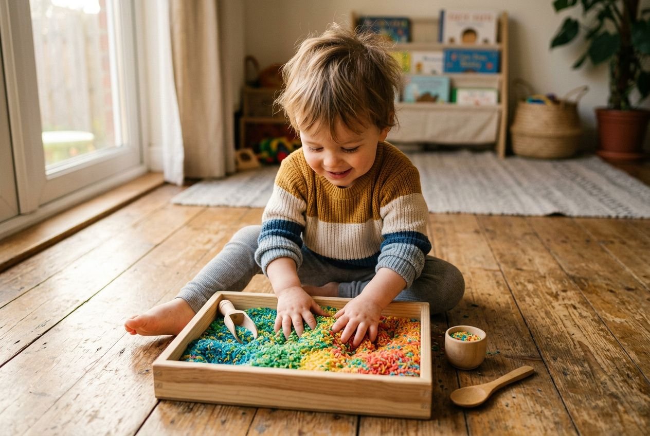 Jongen die met kleurrijpe sensorische rijst- of parelvormige korrels speelt in een houten tray, zittend op houten vloer, speelmateriaal omheen. sensorische activiteiten peuters.