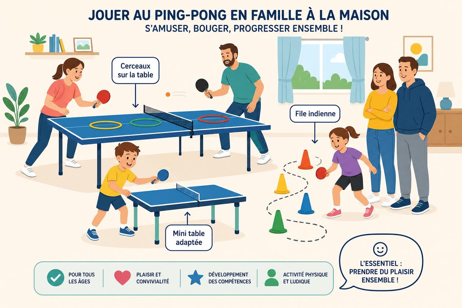 Jouer au ping-pong en famille à la maison : enfants et adultes s’amusent autour d’une table principale avec gestes ludiques, mini table, cerceaux et cônes colorés. Rendre le ping-pong amusant avec jeux variés.
