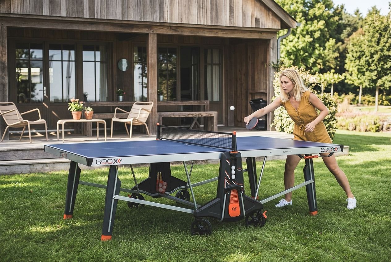 Joueur en plein service sur une table de ping-pong extérieure, près d'une maison en bois, avec sac et matériel de ping-pong à proximité. équipement ping pong collectivités intégrée naturellement.