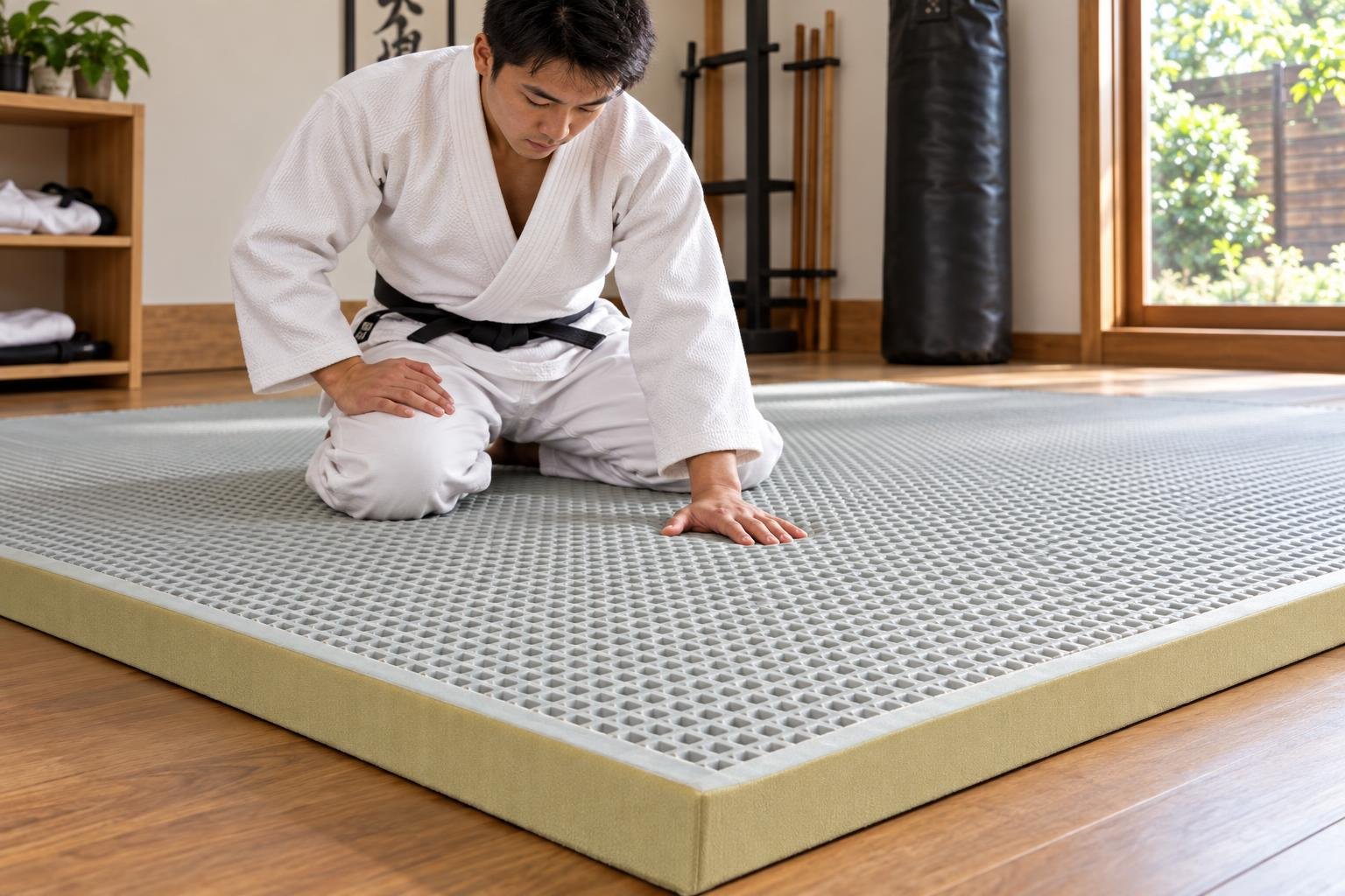 Een judoka in een witte gi knielt op een grijze mat met een ruim patroon in een trainingsruimte.