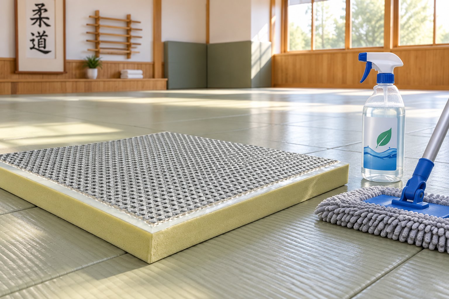 Een judomat met een afdeklaag en achterliggende spons wordt schoongemaakt met een sprayfles en dweil/trekker in een dojo.