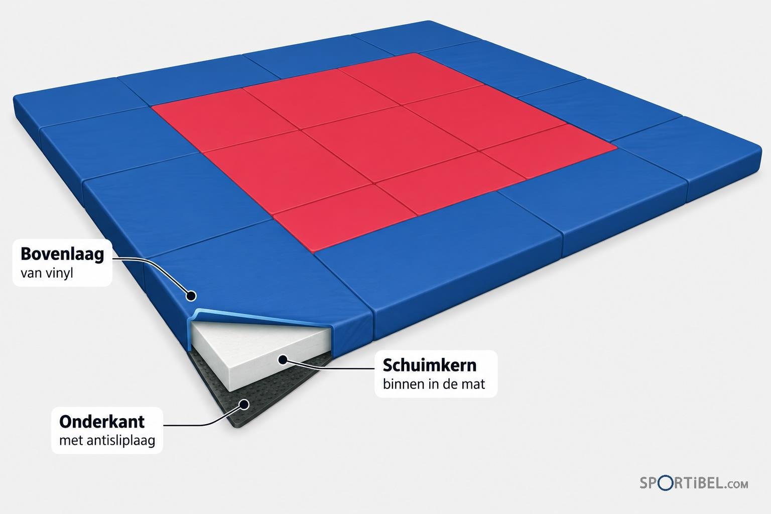 Een judomat met een blauwe rand en een rode binnenlaag, getoond opengewerkt zodat de bovenlaag, onderkant en schuinliggende