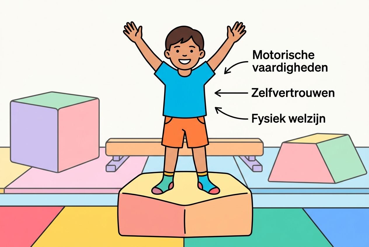 Kind met armen omhoog op een evenwichtsbalk, omgeven door kleurrijke speelblokken; labels wijzen naar motorische vaardigheden, zelfvertrouwen en fysiek welzijn. zelfstandig één jongen.