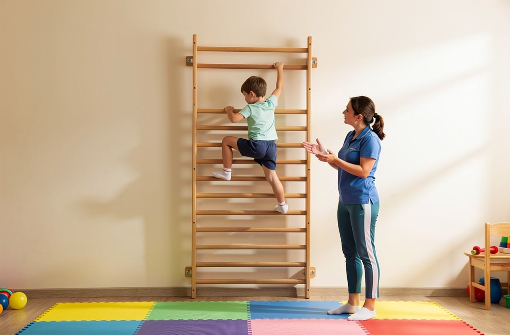 Kind klimt op een houten wandrekstok in een gymzaal.