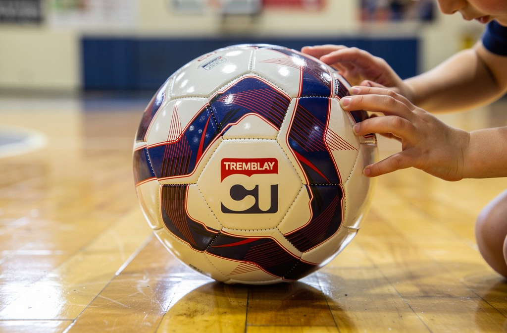 Kind oefent fijne motoriek met een voetbal op een gymzaalvloer.