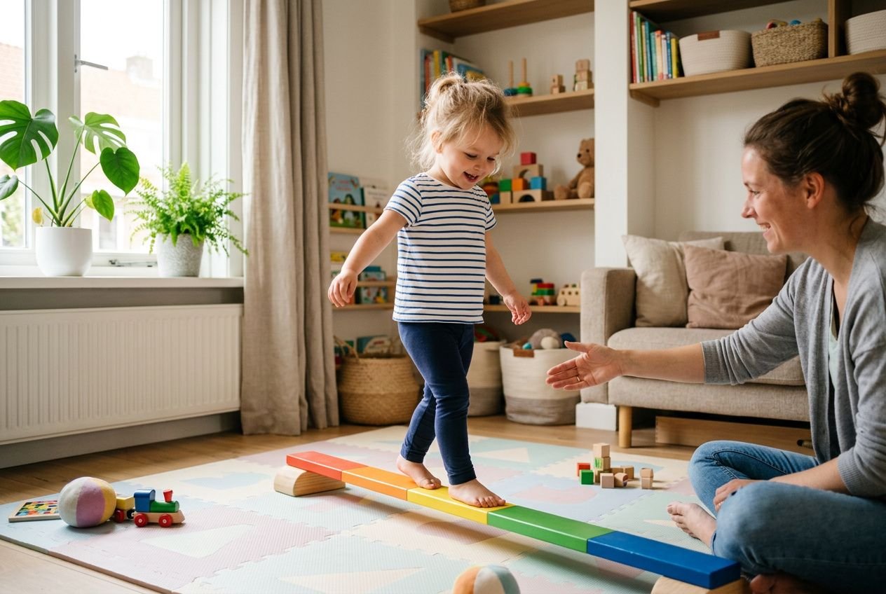 Kinderen bewegingsontwikkeling thuis: jonge peuter balanceert op houten balken terwijl moeder vriendelijke instructies geeft in een speellkamer met speelgoed en planten.