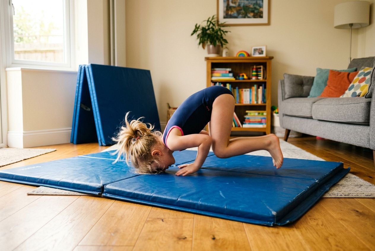 Kinderen jongleert op een blauwe turnmat voor thuis, die uitklapt op houten vloer in woonkamer.