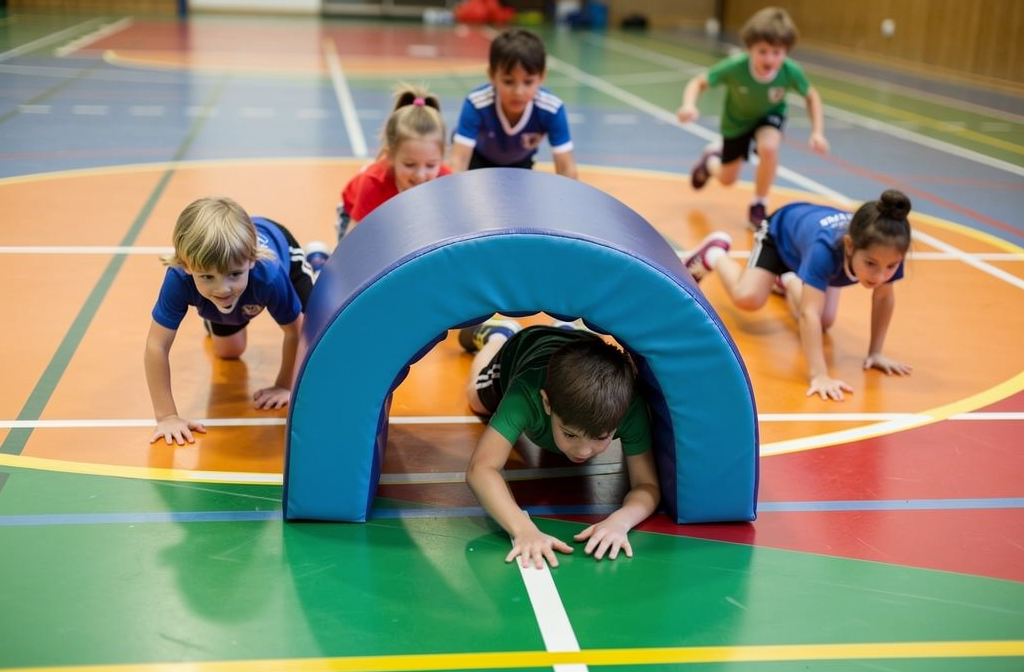 Kinderen kruipen door een blauwe schuimtunnel tijdens een loopspel in de gymzaal.