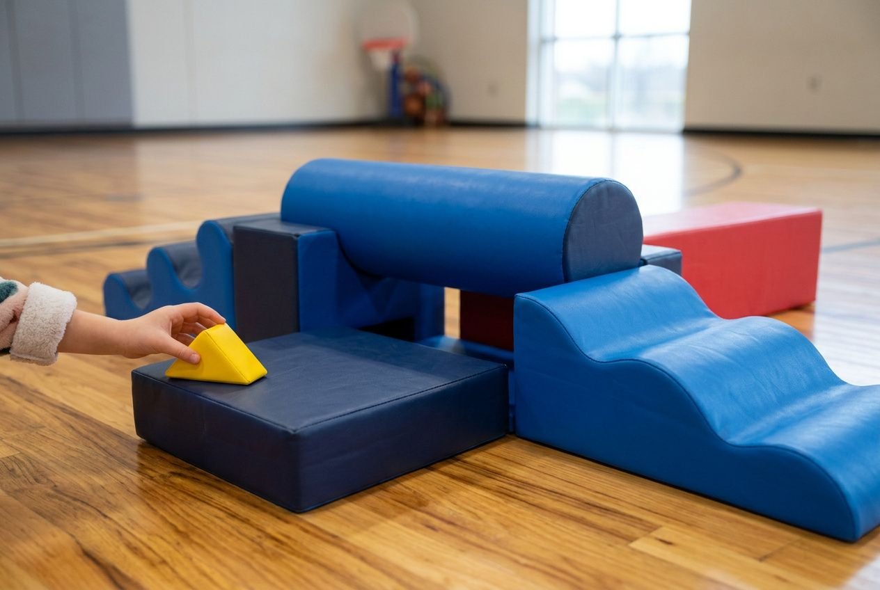 Kinderen spelen met kleurrijk motoriekblok in gymzaal; een hand plaatst een geel driehoekje op een donkerblauw blok, passend bij een lateralisatie boek
