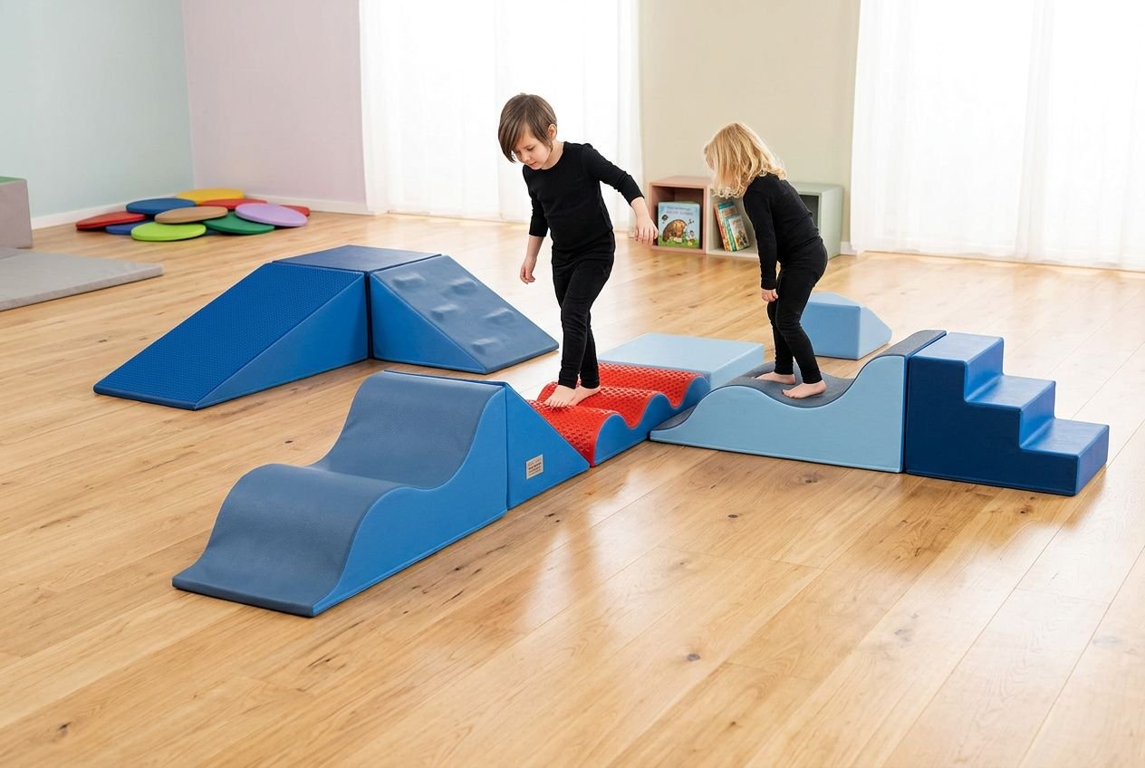 Kinderen spelen met turnskelp-achtige klim- en balansblokken, terwijl ze over hindernissen bewegen in een lichte speelruimte. mogelijk: “wat zijn de 5 psychomotorische vaardigheden” geïntegreerd.
