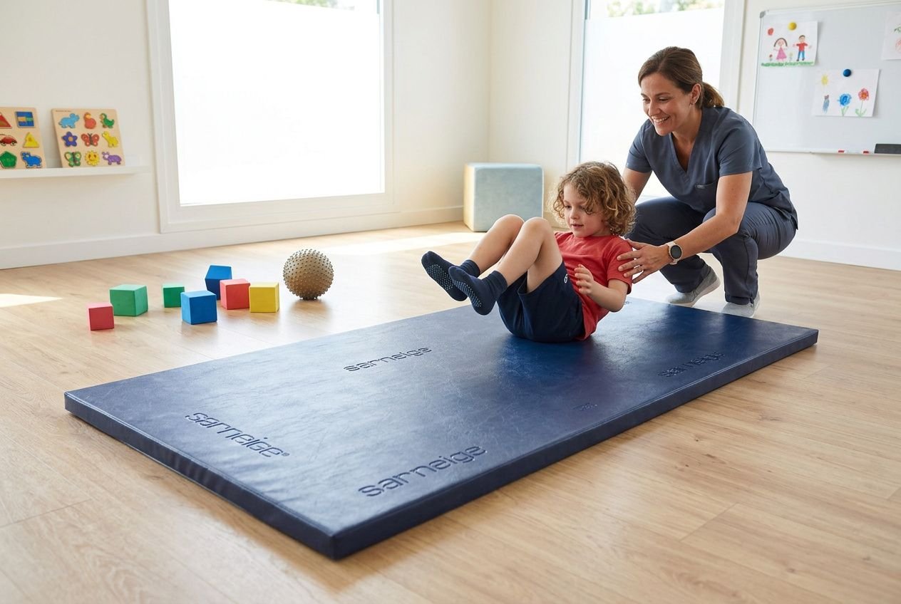 Kinderpersoon ligt op een springkussenachtige mat terwijl een therapeut of begeleider achter hem staat en hem ondersteunt tijdens een oefening in een speelse oefensessie.