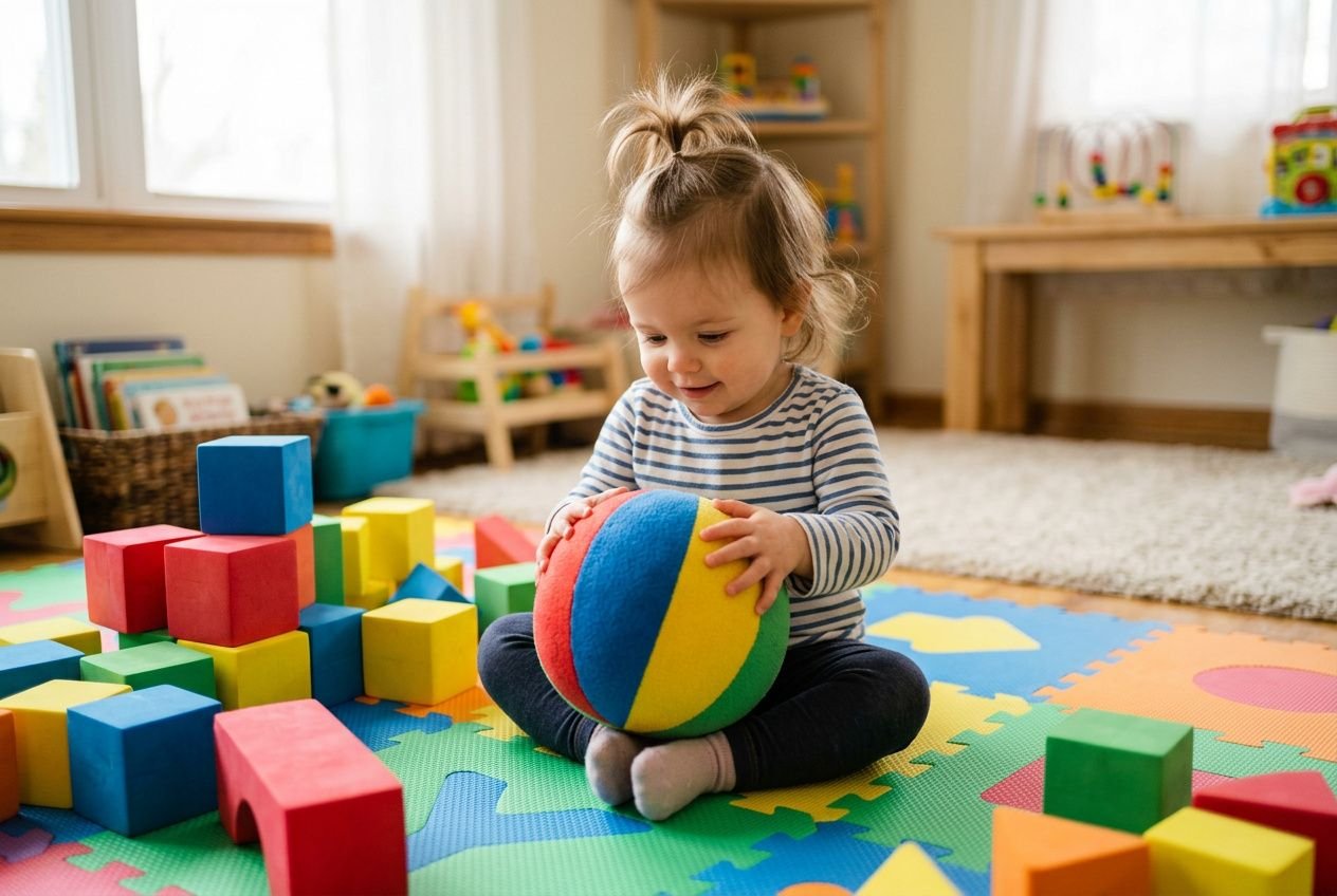 Een kindje speelt met een kleurrijke bal op een speelkissenschuim in een speelhoek, omringd door blokken en speelgoed. sensomotorische ontwikkeling voorbeelden geïntegreerd.