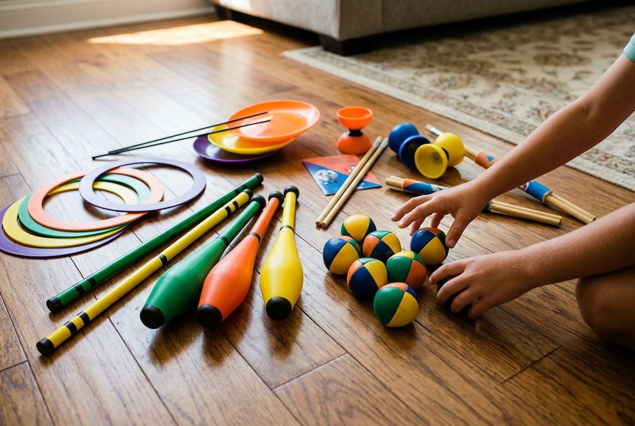 Kit de jonglage complet posé sur un plancher en bois, avec des balles, massues, anneaux et diablo colorés, prêt à être utilisé par un enfant.