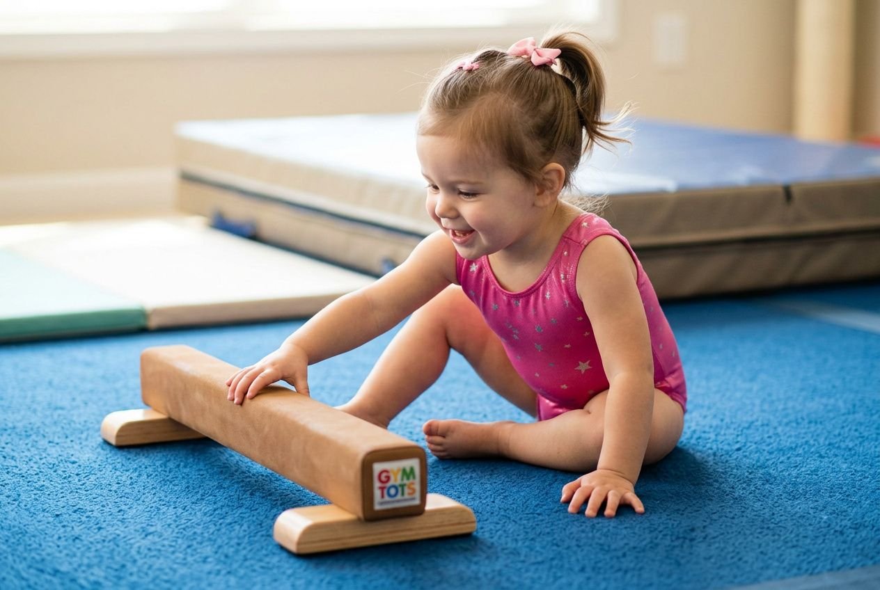 Kleine meisje in roze sportoutfit speelt met een houten balansstokje op eengymmat, glimlachend tijdens turntraining. is turnen goed voor kinderen