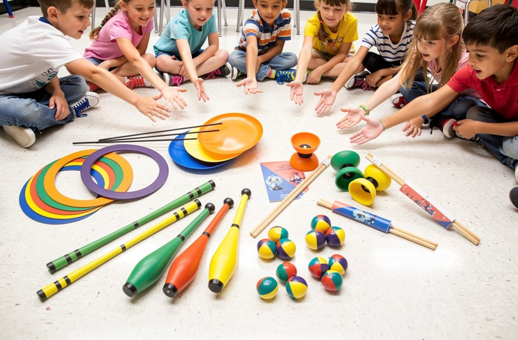 Kleurrijke jongleersets met ballen, kegels en ringen op de vloer van een klaslokaal voor groep 4.
