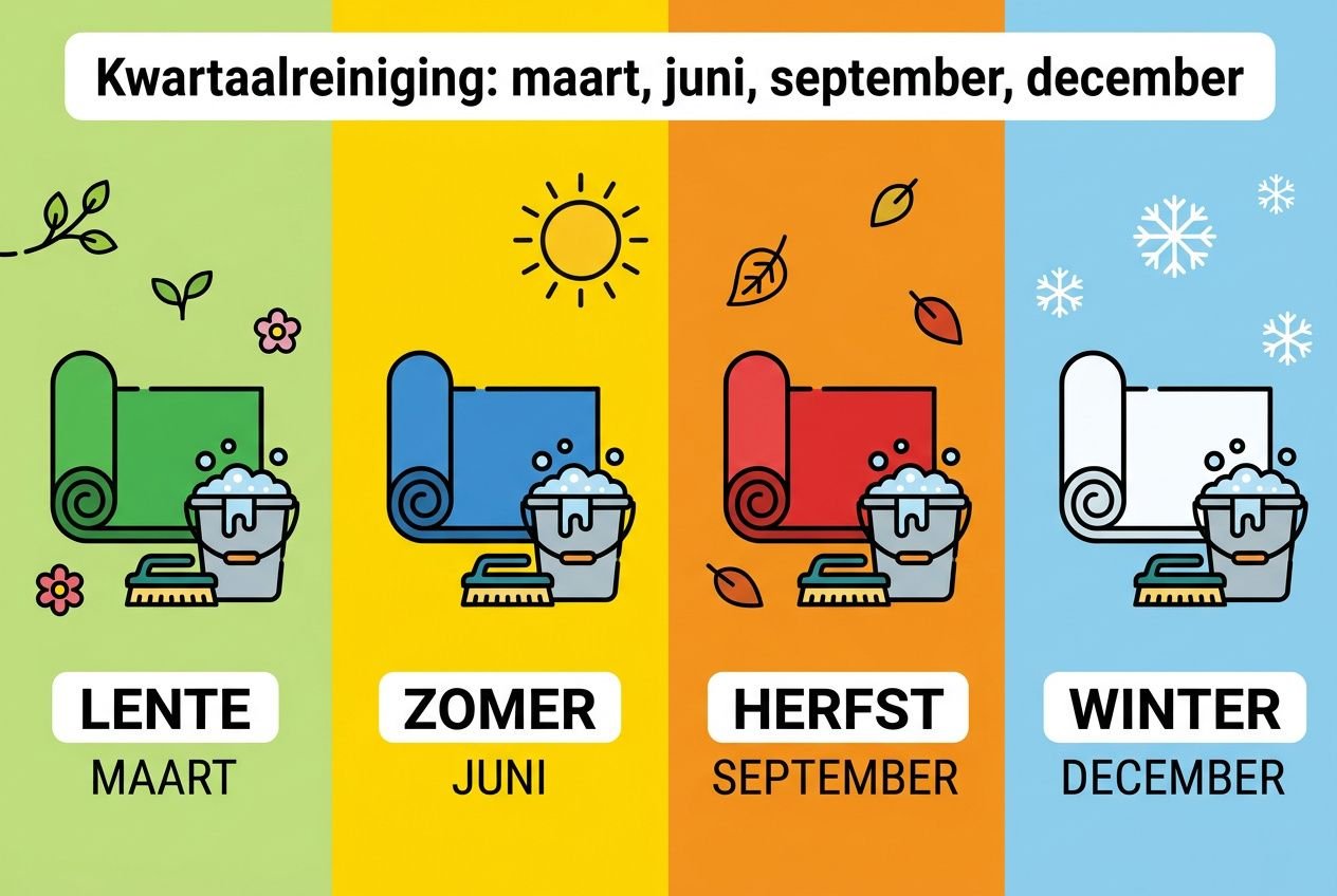 Kwartaalreiniging seizoenkaart: LENTE, ZOMER, HERFST, WINTER met turnmatten en schoonmaakgerei; labels per maand: maart, juni, september, december. Turnmatten onderhoud tips voor elk seizoen.