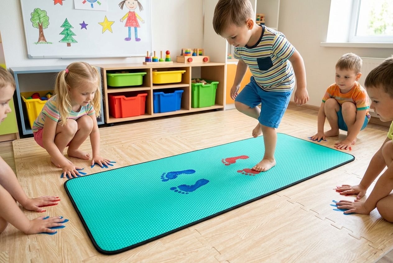 Leren lateralisatie oefeningen groep 3: een kind stapt op een groen antislip krijtbord terwijl klasgenoten zitten en met blote voeten tekenen, motoriek en links-rechtsoriëntatie oefenen.