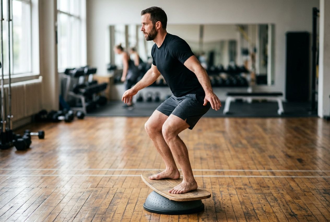 Man balanceert op een lance board oefening in een fitnessruimte, voor een evenwichtstrainer terwijl hij naar voren buigt.