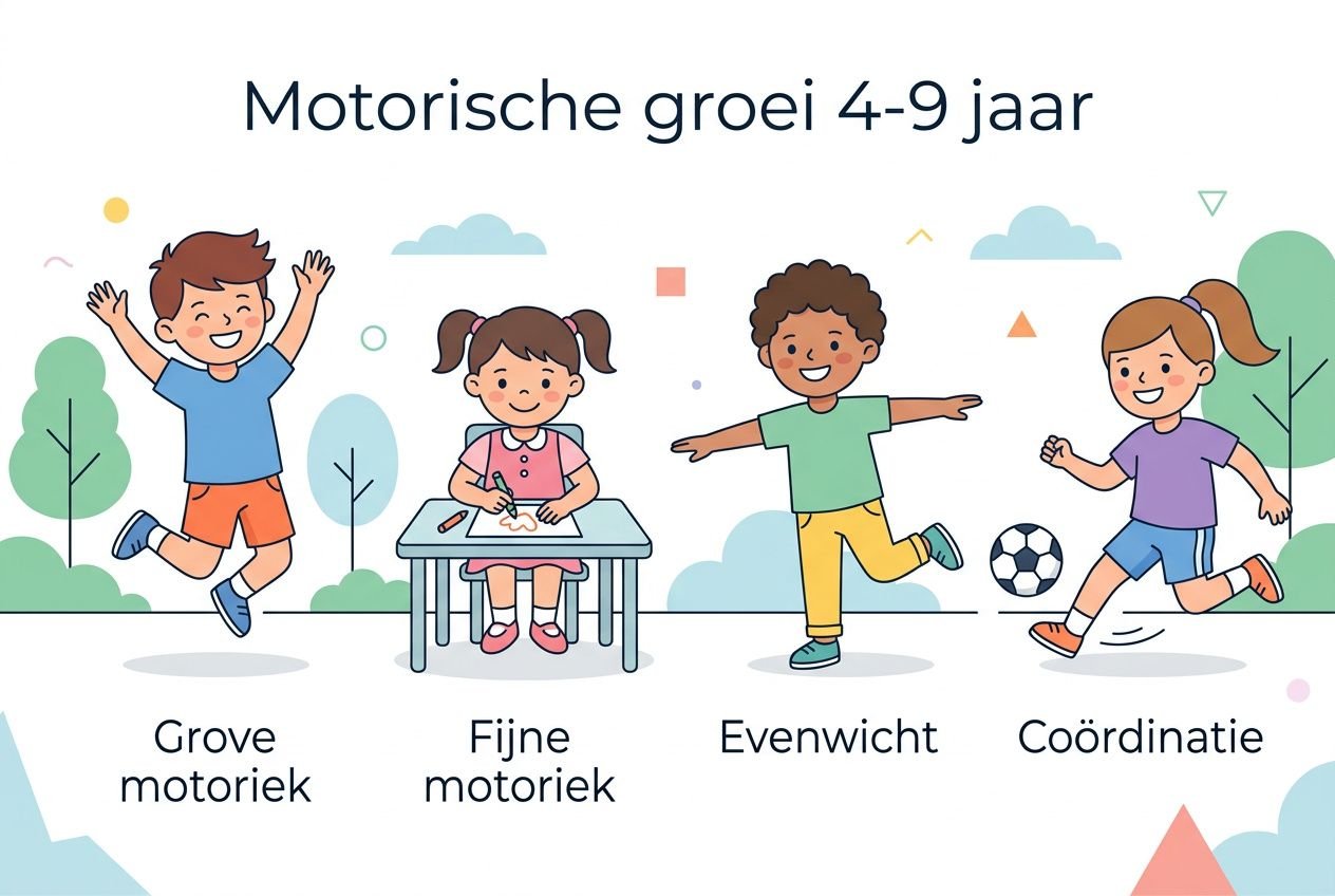 Motorische groei 4-9 jaar: overzicht van grove motoriek, fijne motoriek, evenwicht en coördinatie als kinderen spelen en leren.