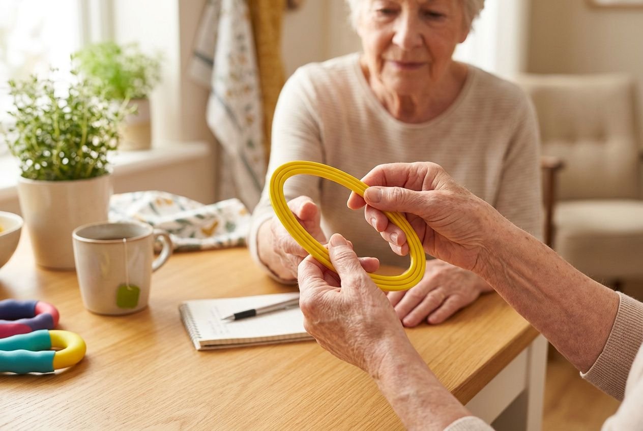 Oudere persoon oefent fijne motoriek met een gele plastic ring aan een keukentafel.