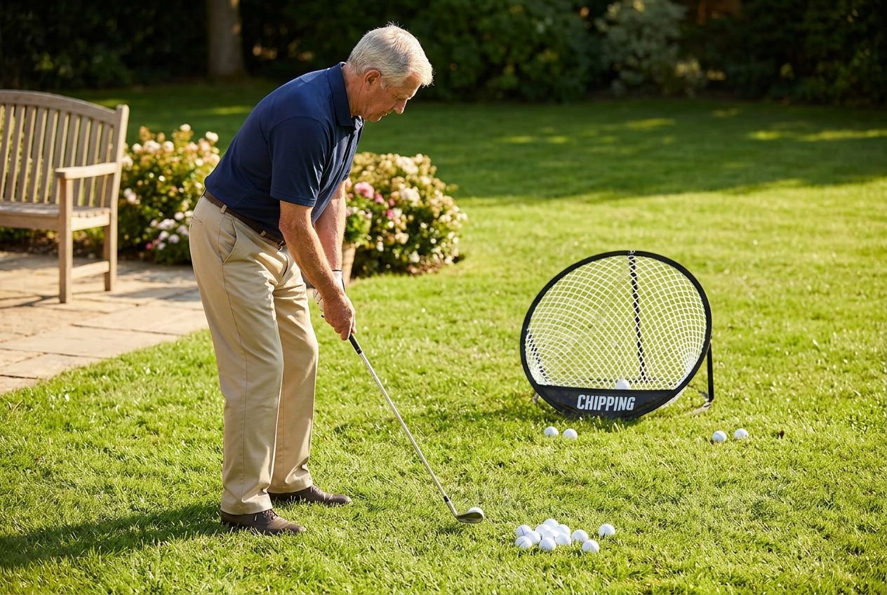 Oudere persoon oefent fijne motoriek door golfballen in een chipping net te chippen in de tuin.