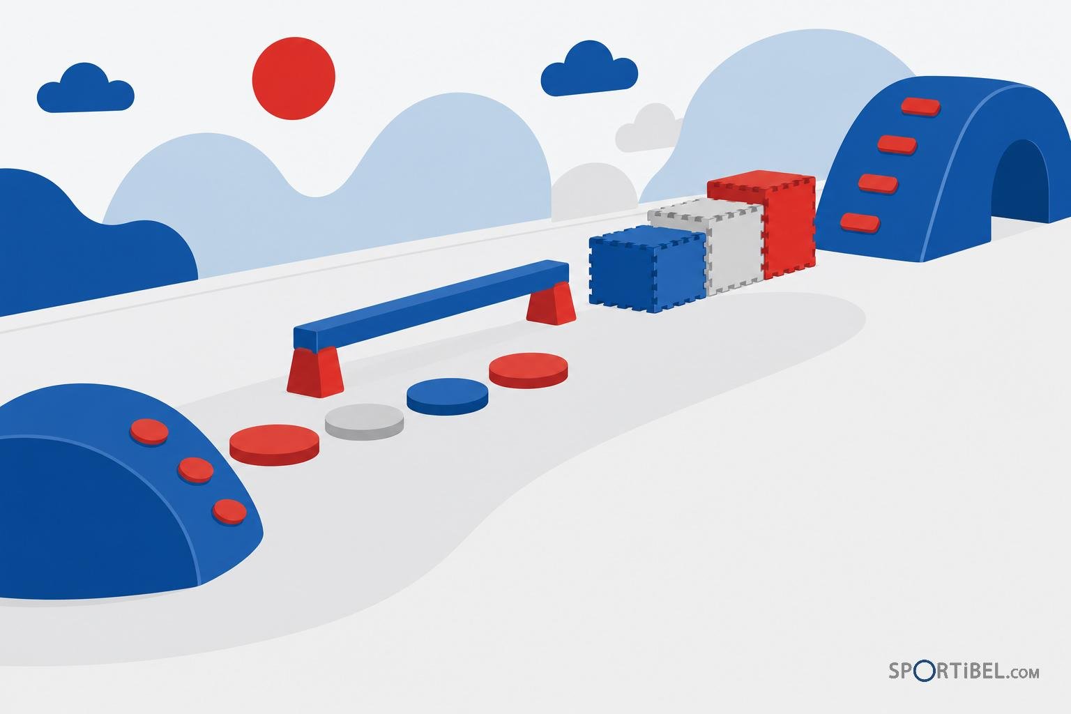 Parcours de matériel d’équilibre coloré avec des modules et des balises dans un espace de jeu bleu et blanc.