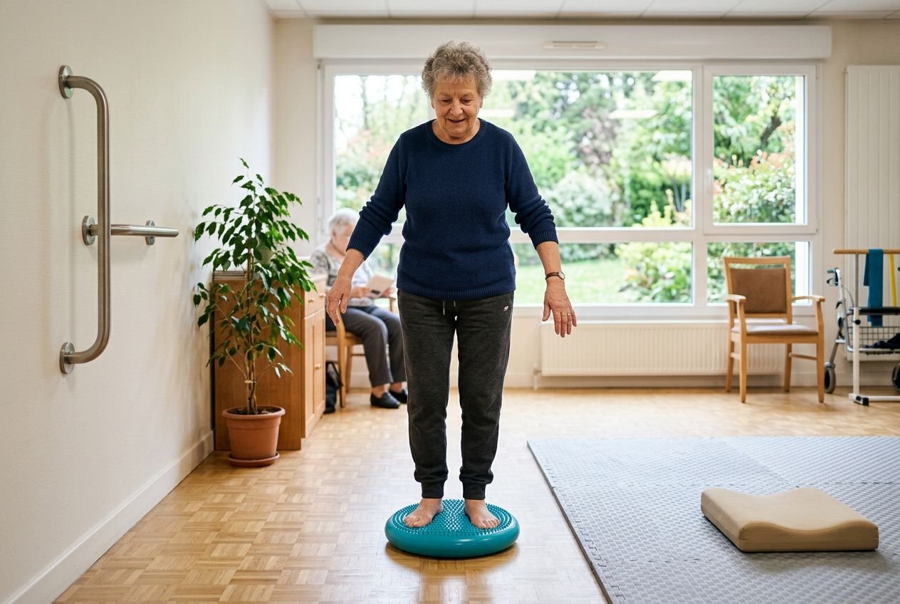 Personne âgée debout sur un disque d’équilibre bleu, ejercicio de stabilité en salle adaptée avec barres et matériel de psychomotricité pour personnes âgées.