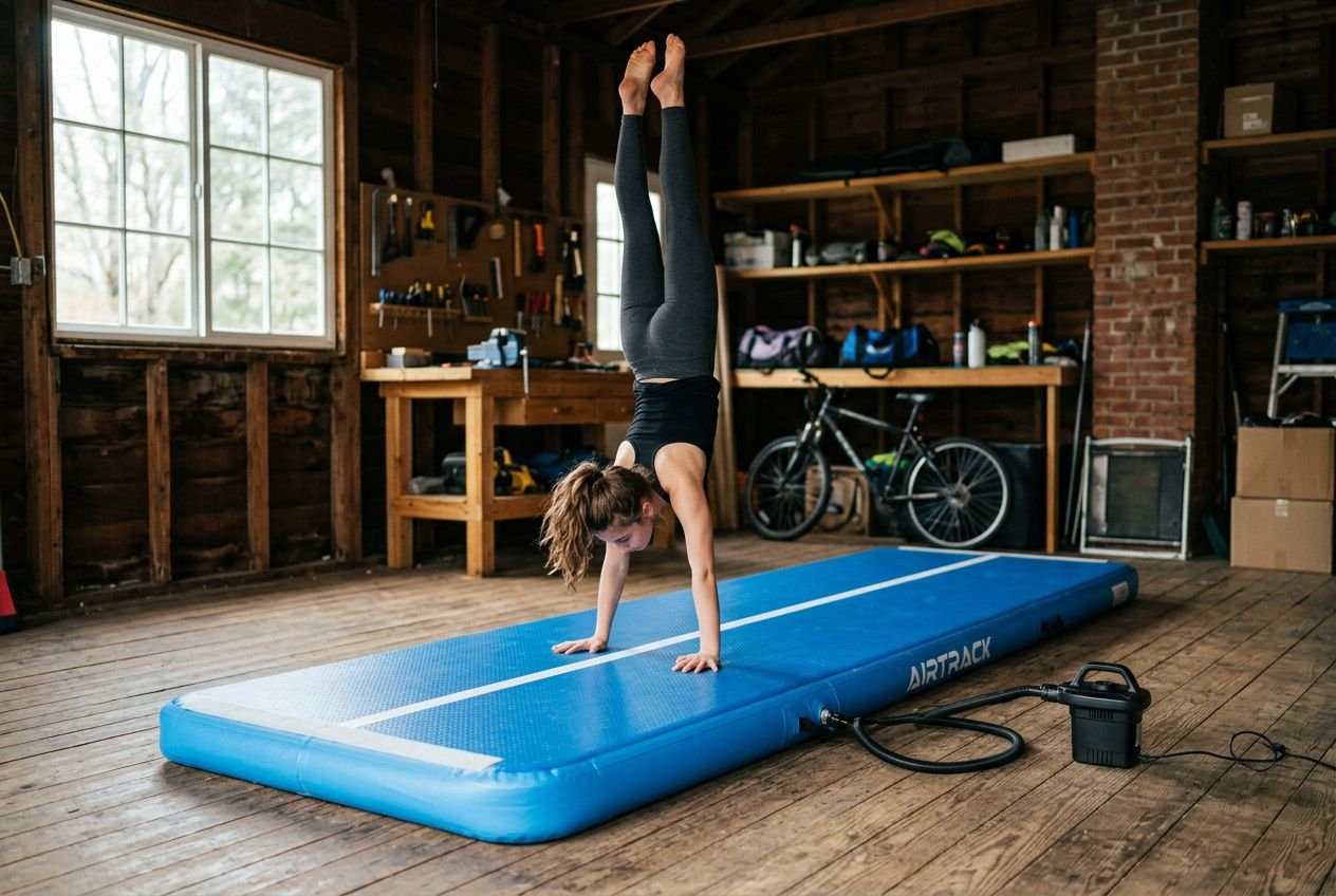 Persoon doet handstand op een blauwe airtrack gymmat in een houten garage, met gereedschap en fietsen op de achtergrond. e turnmat voor thuis geïntegreerd.