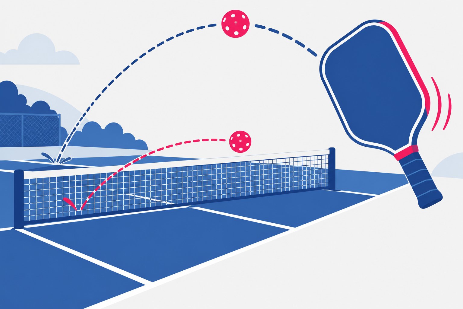 Een pickleball racket midden in de slag, met de bal die over het net springt tijdens een forehand.