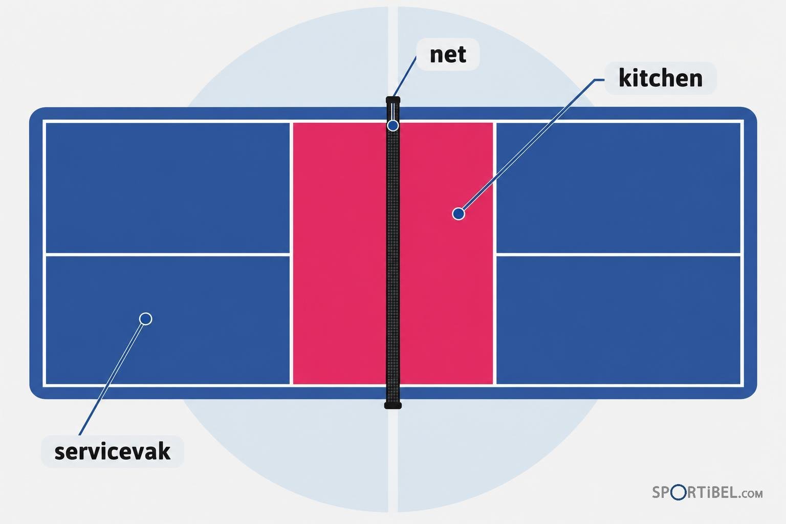Een pickleballveld met een net in het midden en duidelijke belijning op een sportvloer.