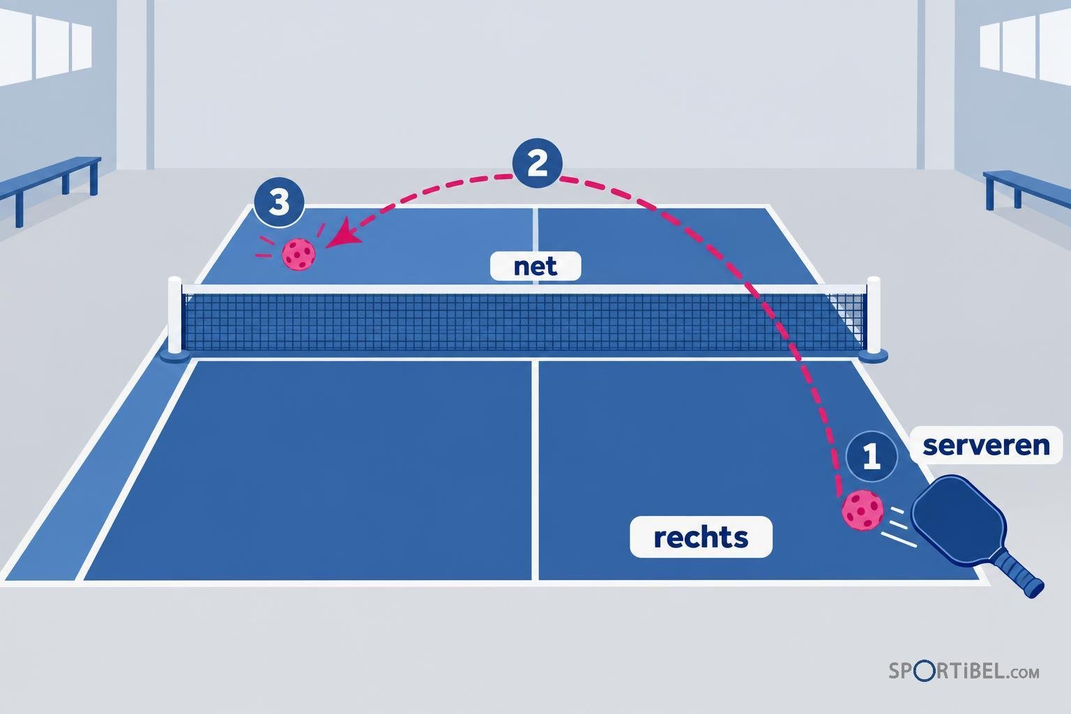 Een pickleballveld met een werden net in het midden en drie genummerde stappen die de worp en het net overslaan tonen.
