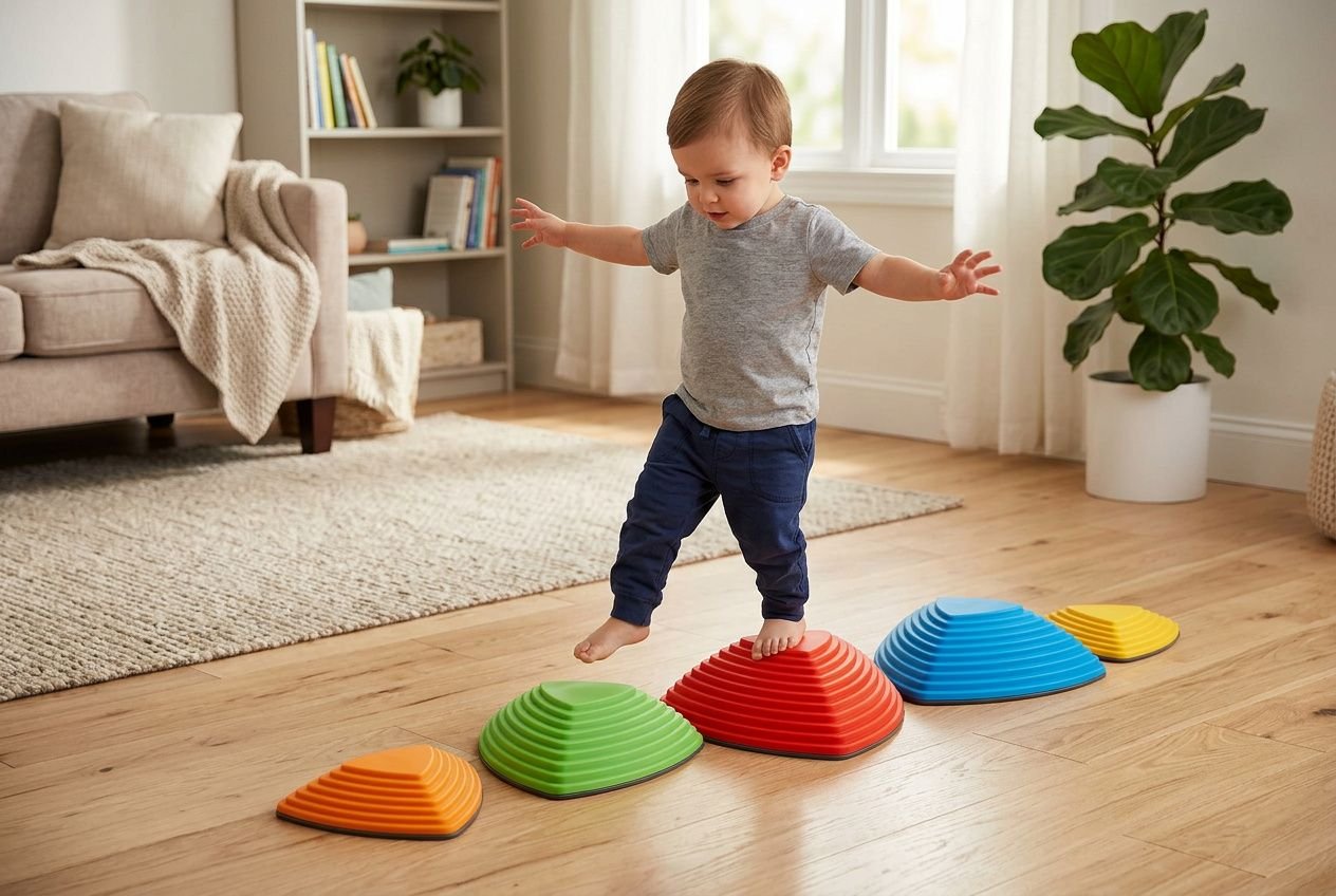 Pierres d'équilibre colorées disposées en parcours de motricité sur le sol d'un salon pour enfant en bas âge.
