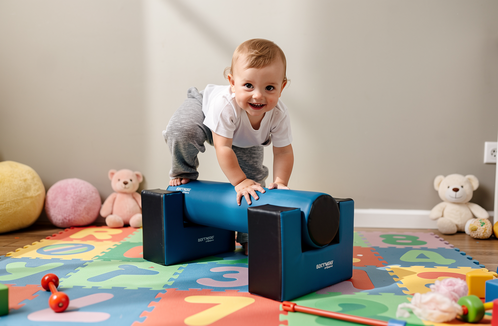 Poutre d'équilibre en mousse bleue posée sur un tapis de jeu dans une salle d'activité pour enfants.