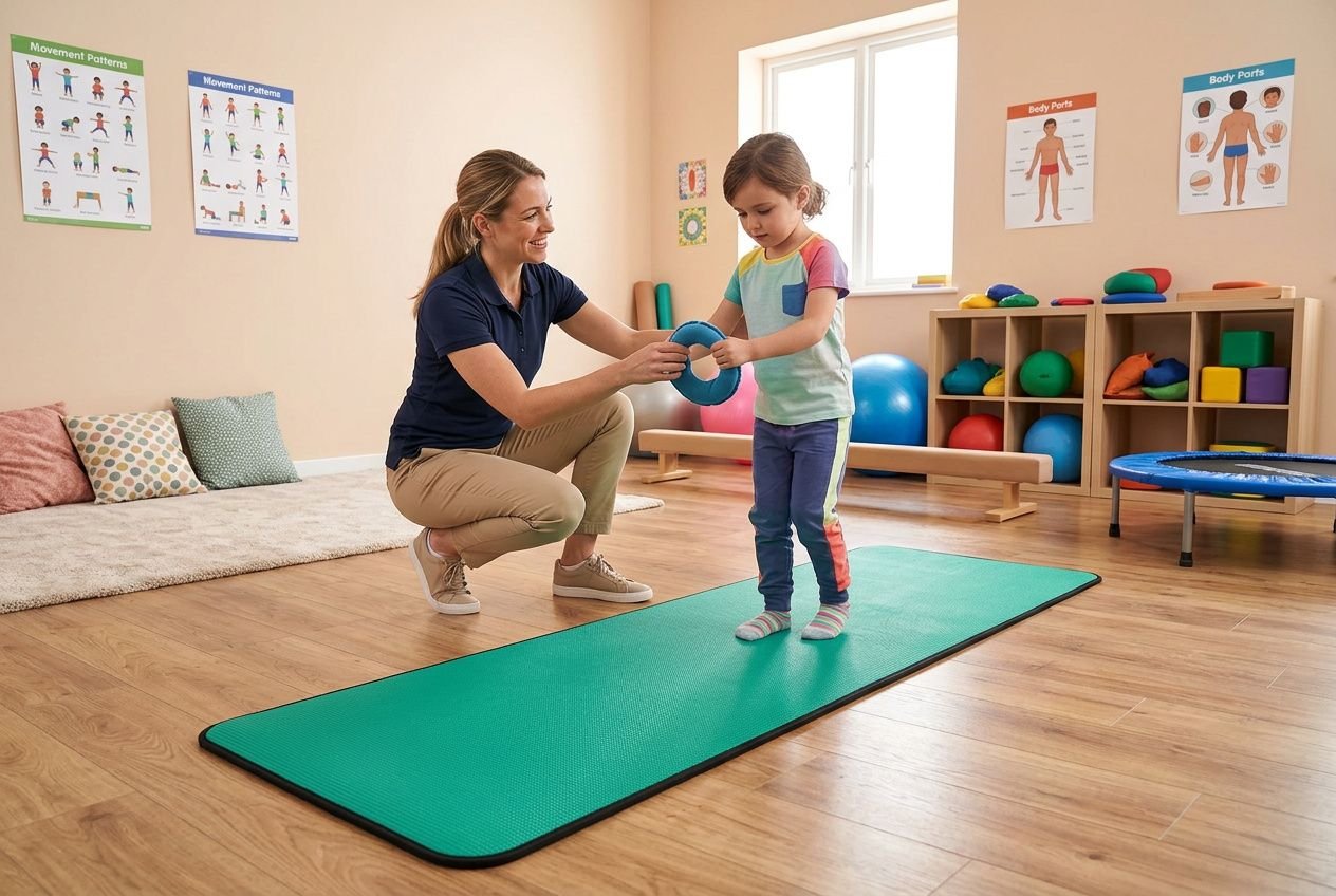 Een psychomotorische terapeut opleid begeleidt een jonge leerling tijdens een oefening op een groene mat in een speelse therapieruimte.