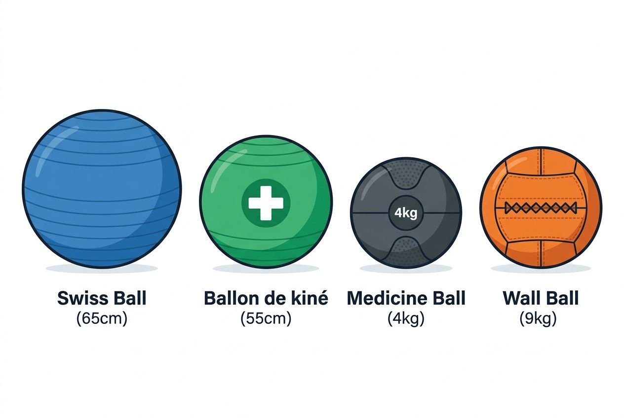 Quatre ballons de gym de tailles et couleurs différentes: Swiss Ball bleu 65 cm, Ballon de kiné vert 55 cm, Medicine Ball noir 4 kg et Wall Ball orange 9 kg. Ballon fitness à comparer.