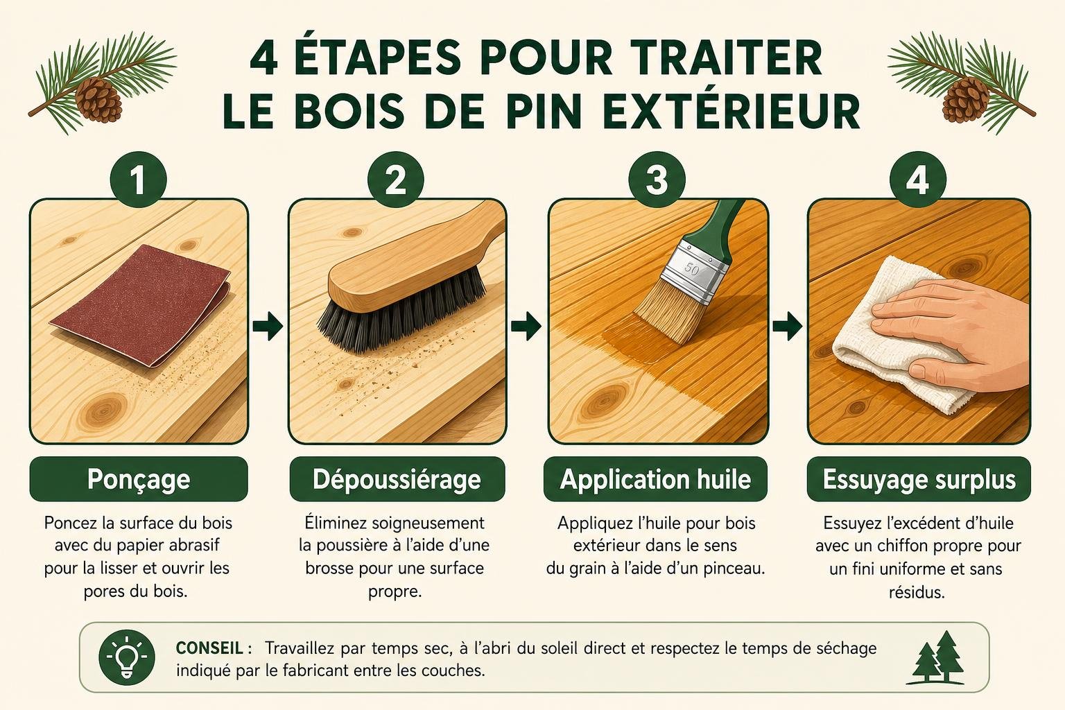 Quatre étapes pour entretenir une table en pin d'extérieur : ponçage, dépoussiérage, application huile et essuyage des surplus.