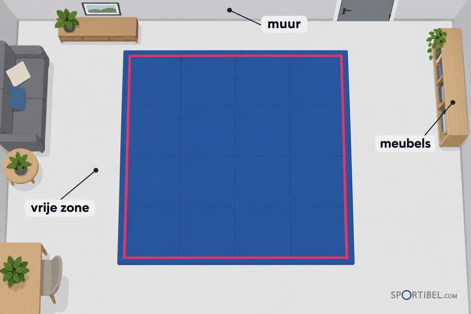Ruime blauwe judomat met rode rand in een woonkamer met meubels en planten, opgemerkt als vrije zone eromheen.