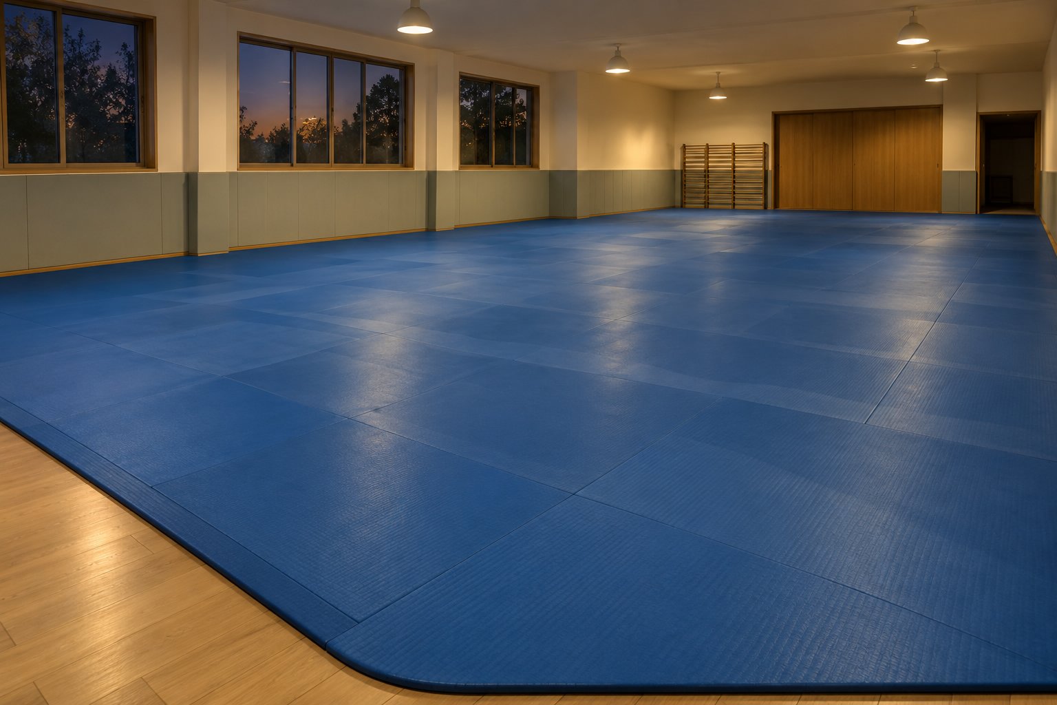 Een ruime judomattelijn in een zaal met blauwe matten en zachte verlichting.
