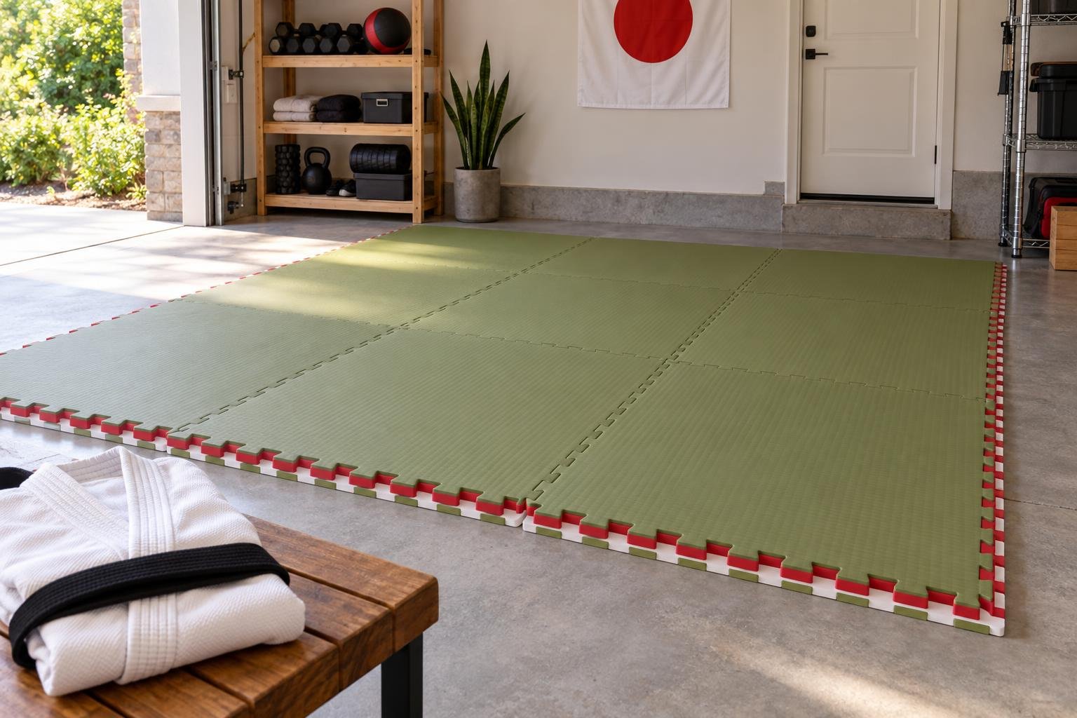 Een ruime trainingsruimte met groene puzzelmatten op de grond en een Japanse vlag aan de muur.