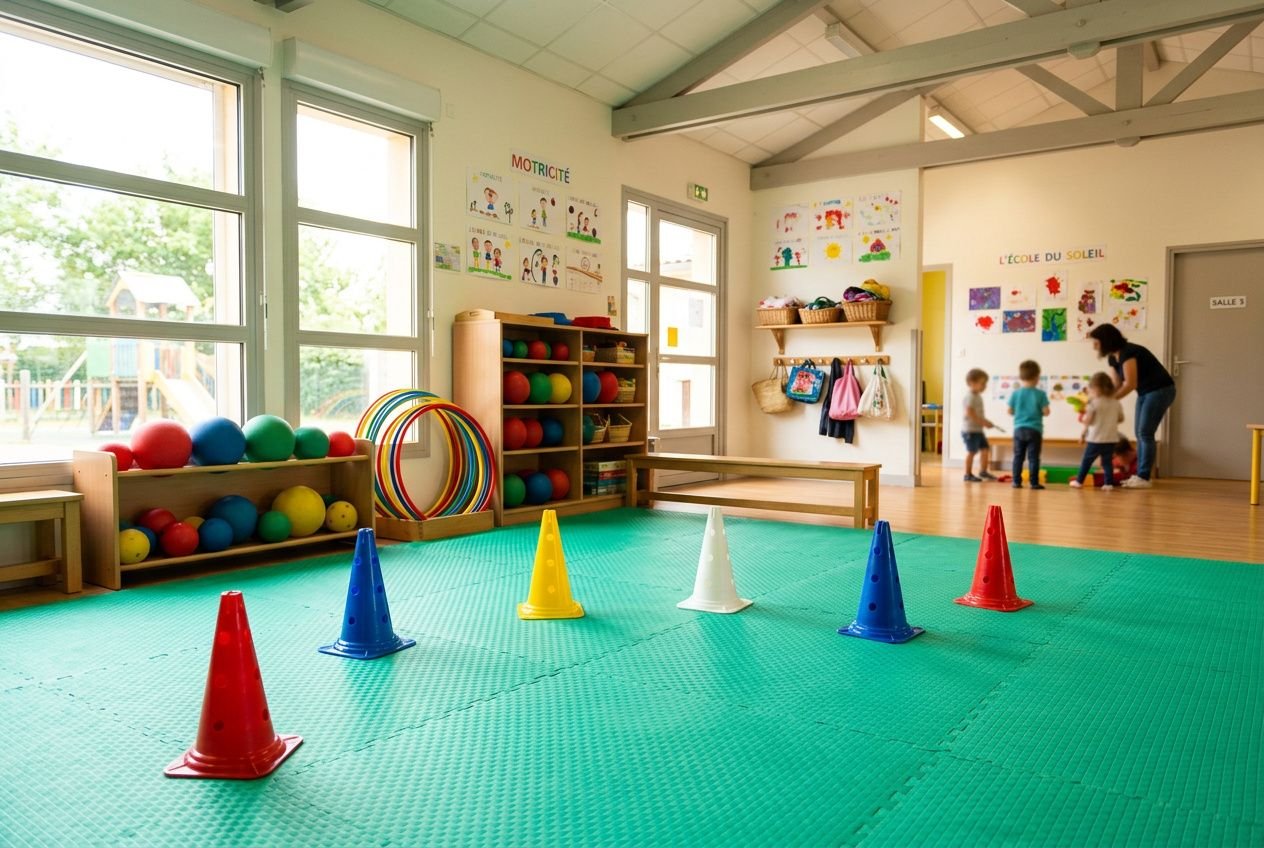 Salle de psychomotricité d’école avec tapis vert, jeux et cônes colorés; espaces de rangement et enfants en activité. matériel psychomotricité occasion intégré naturellement.