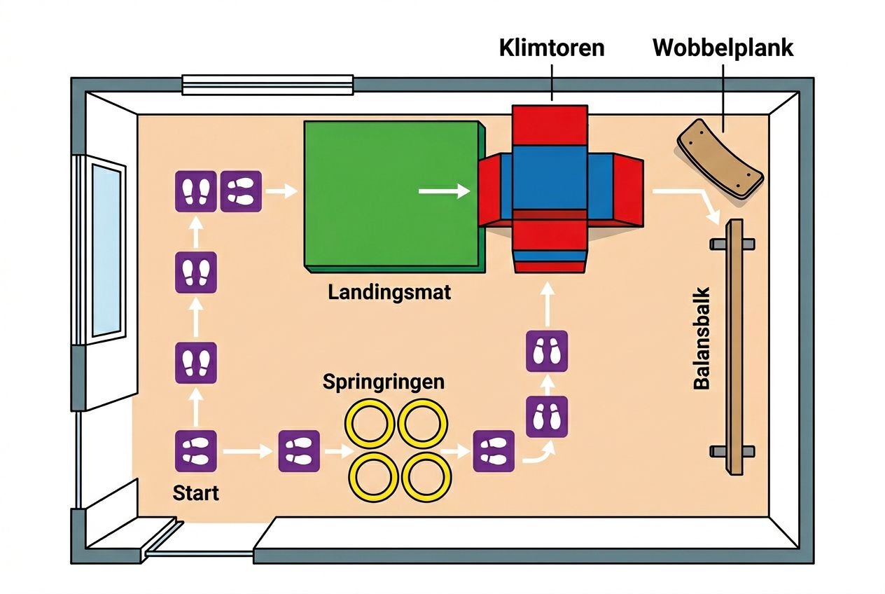 Schema van een kamerindeling voor psychomotoriek: startpunt, springringen, klimmers en klimtoren met landingsmat, wobbeltapijn en balansbalk. Include keyword: "psychomotoriek materiaal thuis gebruiken" naturally: "Ideeën voor psychomotoriek materiaal thuis gebruiken in een speels parcours." But must describe visible image. Provide alt text under 125 chars. Let's craft: "Parcours voor psychomotoriek materiaal thuis gebruiken: startpunt, springringen, landingsmat, klimtoren en balansbalk." Count chars: roughly 110. Include main keyword naturally: "Parcours voor psychomotoriek materiaal thuis gebruiken: startpunt, springringen, landingsmat, klimtoren en balansbalk." Good. Parcours voor psychomotoriek materiaal thuis gebruiken: startpunt, springringen, landingsmat, klimtoren en balansbalk.