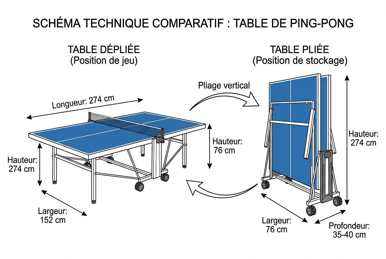 Schéma technique comparatif d’une table de ping-pong : table dépliée et table pliée avec mesures (longueur 274 cm, largeur 152 cm, hauteur 76 cm), dimensions à plier pour rangement (largeur 76 cm, profondeur 35–40 cm). Dimension table de ping-pong.