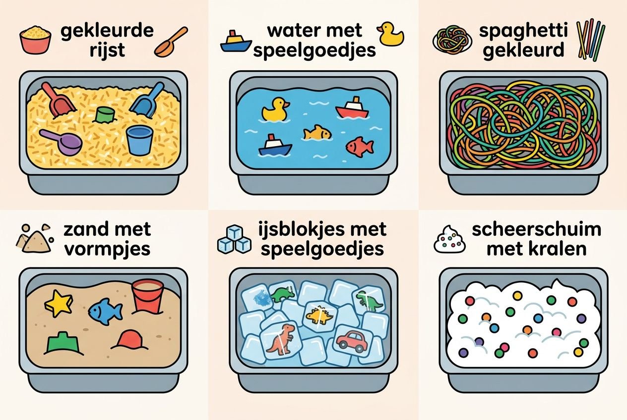Sensorische activiteiten peuters: zes bakken met kleurige rijst, water met speelgoed, spaghetti gekleurd, zand met vormpjes, ijsblokjes met speelgoed en scheerschuim met kraaltjes.