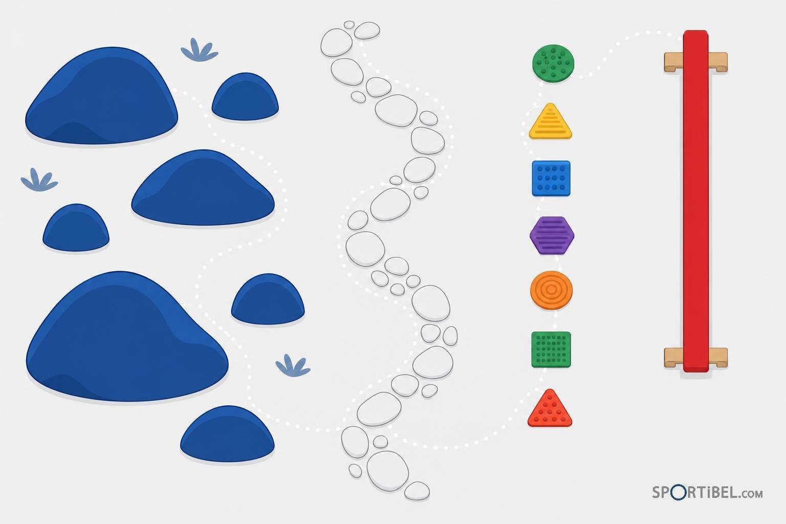 Une série de pierres et blocs bleus disposés sur le sol avec un chemin de pas blancs menant à une clôture rouge à droite.