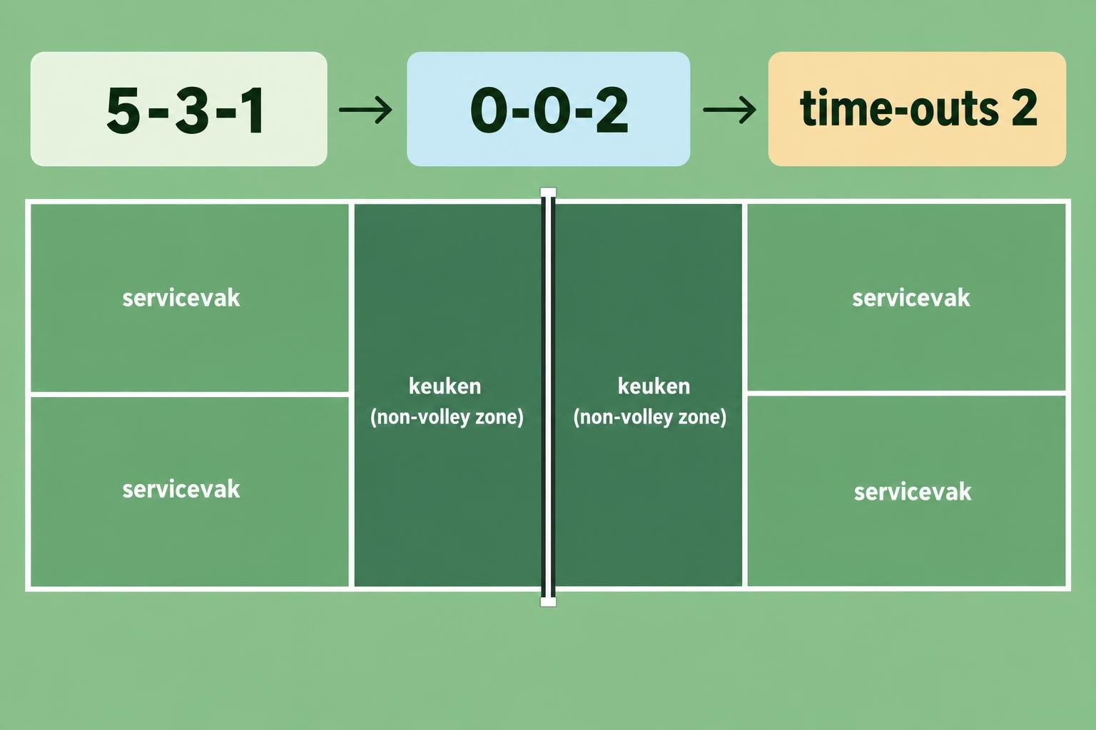 Sideoverzicht van een pickleball-tafelcircuit met twee keukens (non-volley zone) aan weerszijden, servicevakken en time-outs.