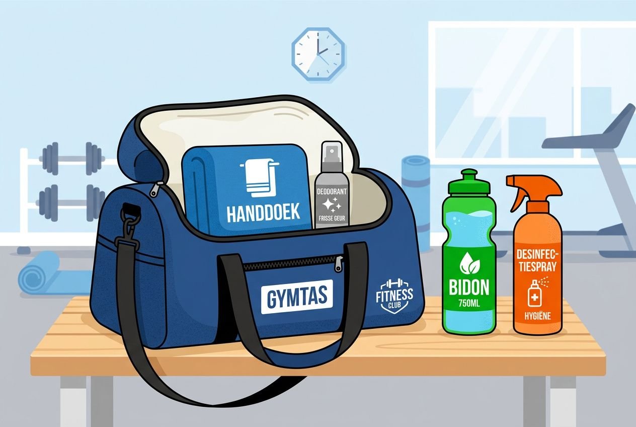 Sporttas met handdoek, flesje bidon en desinfecterende spray klaar voor de sportschool, met extra items zoals gymtassen en lotion. Wat heb je nodig voor de sportschool.