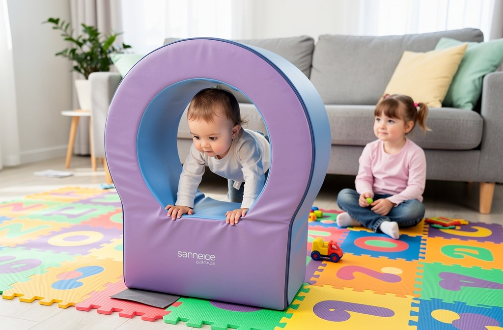 Structure de jeu en mousse douce posée sur un tapis d'éveil dans un salon d'assistante maternelle aménagé.