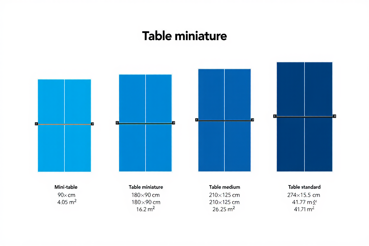 Table miniature montrant diverses tailles de table de ping-pong et leurs dimensions.